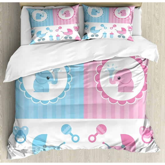 Ambesonne Animal Duvet Cover Set, Girl Boy, Calking, Pale Pink Blue
