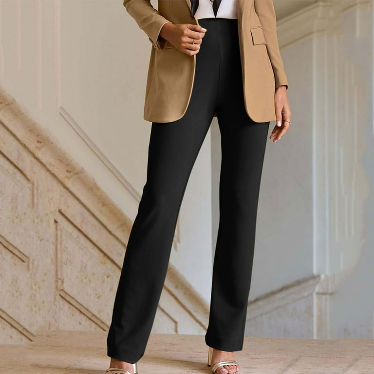 JWZUY Women Going Out Professional Office Business Pants Straight Leg  Elastic Waist Trousers Suit Pants Khaki XXL