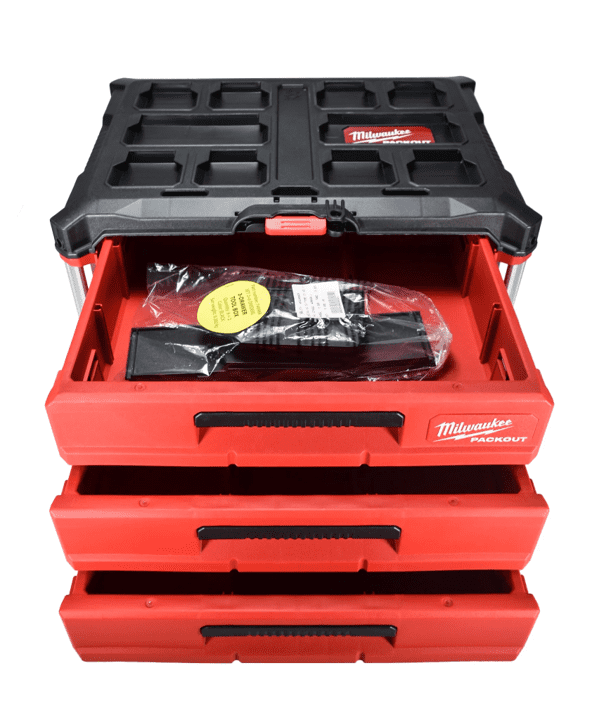 Milwaukee PACKOUT 3-Drawer Tool Box – Modular Storage with Locking Security Bar & Quick-Adjust Dividers - Perfect for Jobsite, Garage, or Tactical Applications - 48-22-8443