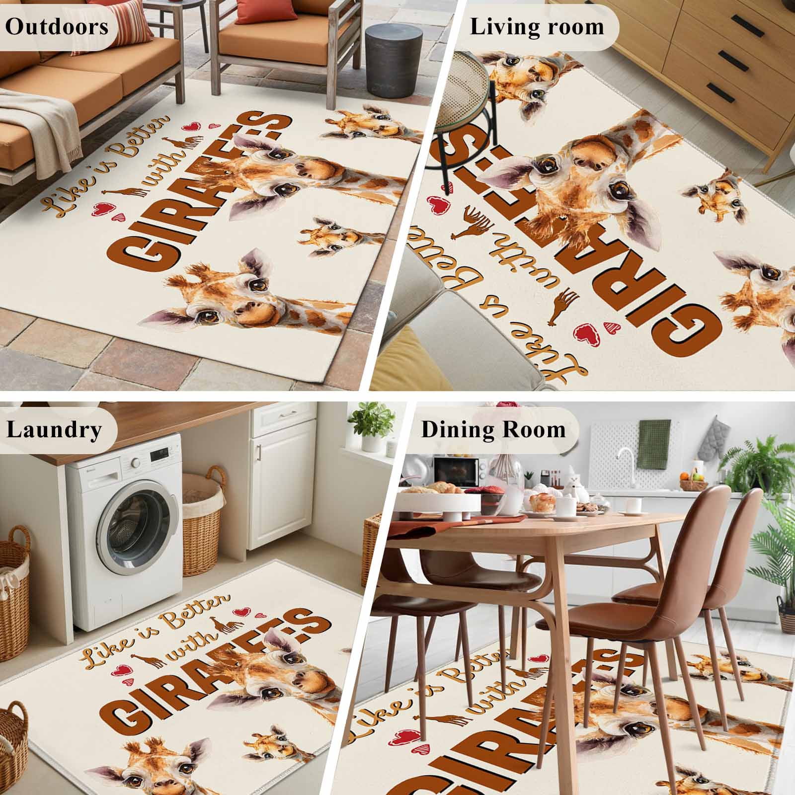 Giraffe Area Rugs 3'x5', Washable Small Throw Rugs for Living Room Bedroom, Red Love Heart Rustic Animals Indoor Outdoor Rug Non-Slip Low Pile Carpet Runner Reversible Floor Mats