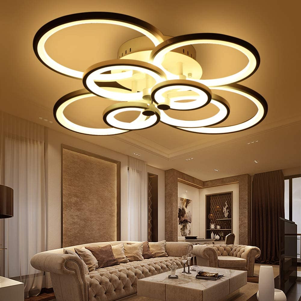 Fichiouy Modern LED Ceiling Lights Acrylic 8 Circle Ring Chandelier Lamp Fixture Dimming 3 Colors with Remote Control Black 150W