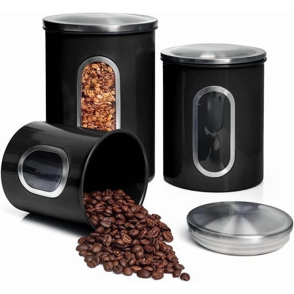 Moss & Stone 3 Piece Black Canisters Sets For The Kitchen, Airtight Canister Set With See Through Window, Airtight Coffee Container, Tea Organizer & Sugar Canisters, Black Kitchen Canisters Set of 3