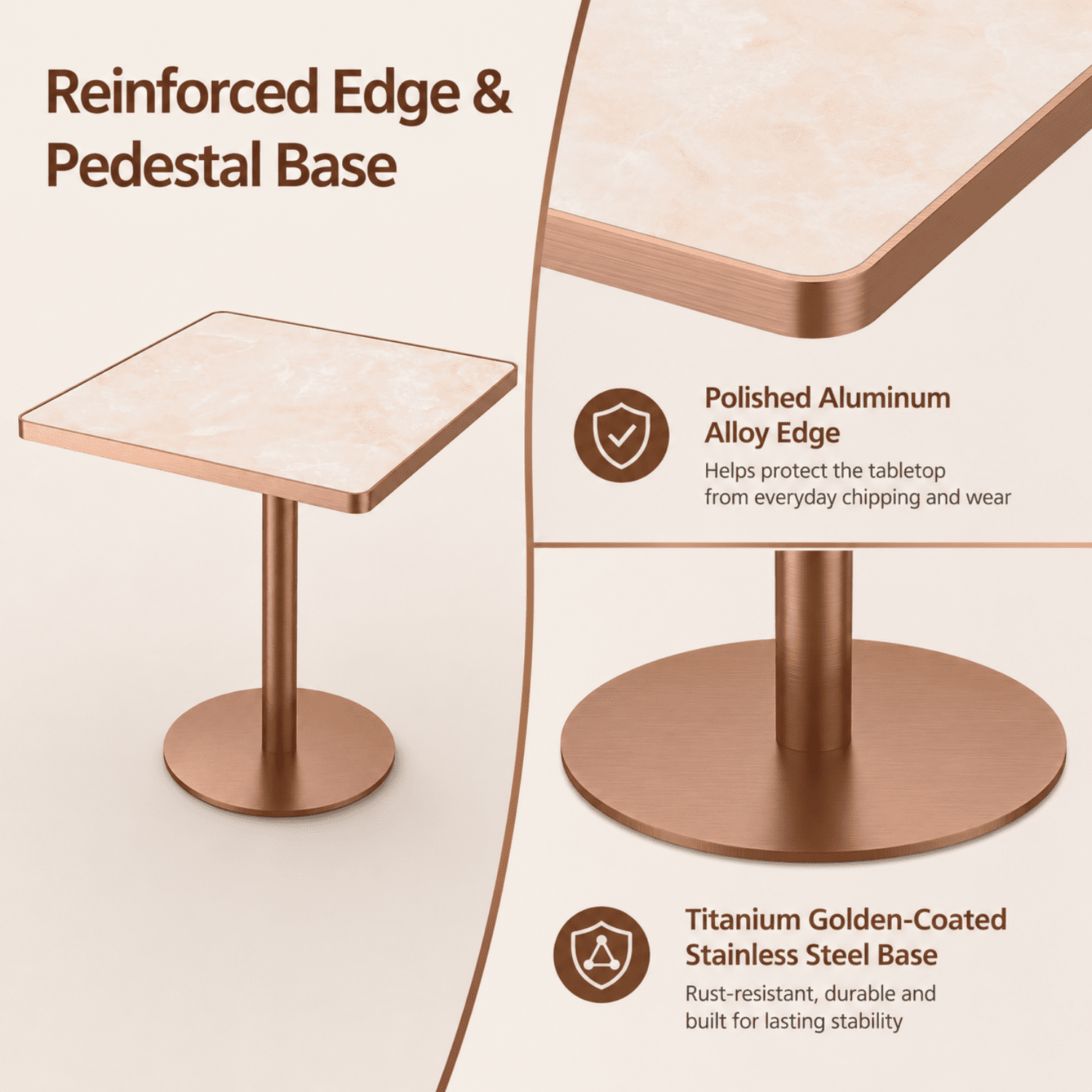Miniyam 31.5 in Square Dining Table for 2-4, Marble-Look Sintered Stone Top, Stainless Steel Pedestal Base for Small Space, Pink