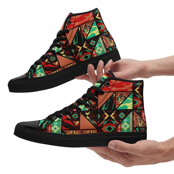 Coolcustomize Men's High-Top Ethnic Style Sneakers - Vibrant Geometric Pattern, Breathable Fabric Upper & Lining, Casual Streetwear, Running & Daily Wear - All-Season Comfort, Versatile Footwear