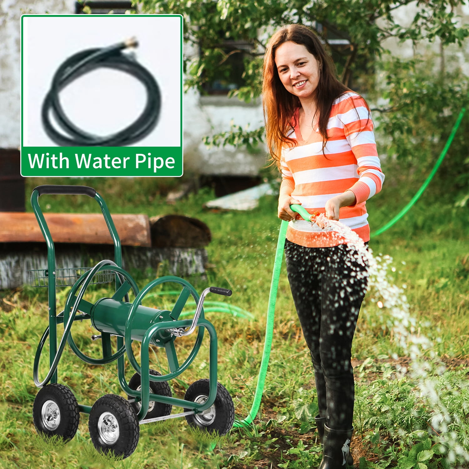 Garden Hose Reel Cart with Wheels Heavy Duty Hose Reels Cart Water Hose Cart Holds 300-Feet of 5/8"" Hose for Yard Water Planting Outdoor Garden Lawn Water Truck w/Storage Basket, Green