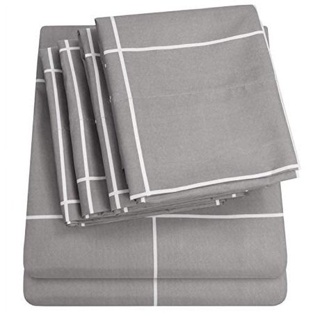 Sweet Home Collection 6 Piece Bed Sheets 1500 Thread Count Fine Microfiber Deep Pocket Set-Extra Pillow Cases, Value, Full, Window Pane Gray