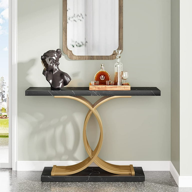 Gold Console Table Modern Narrow Sofa Tables with Geometric Golden Legs Faux Marble White Top Couch Table Foyer Table for Living Room Entryway