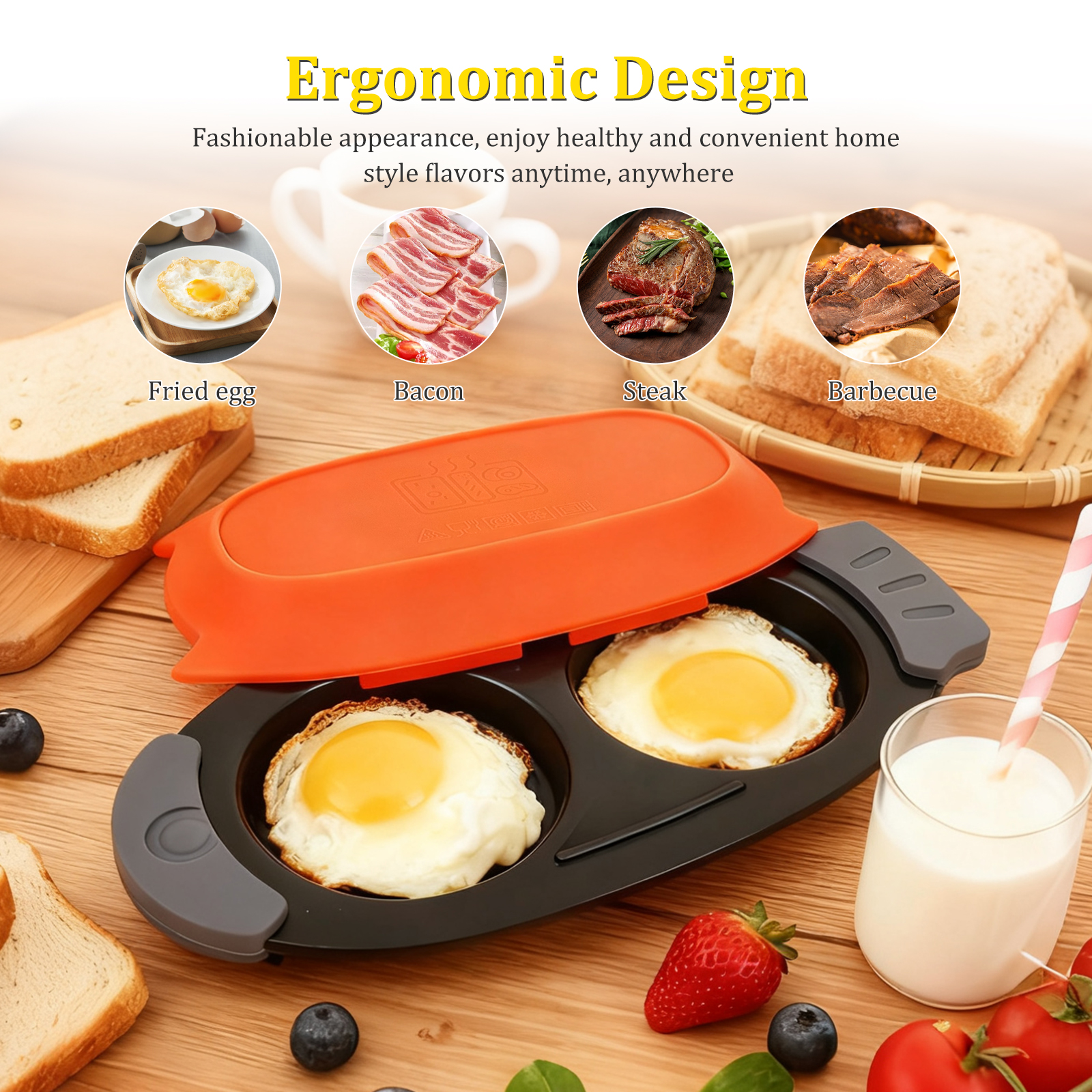 Qenwkxz Microwave Egg Fryer, 2 Cavity Quick Heat Microwavable Egg Maker with Silicone Lid for Breakfast Sandwiches Kitchen
