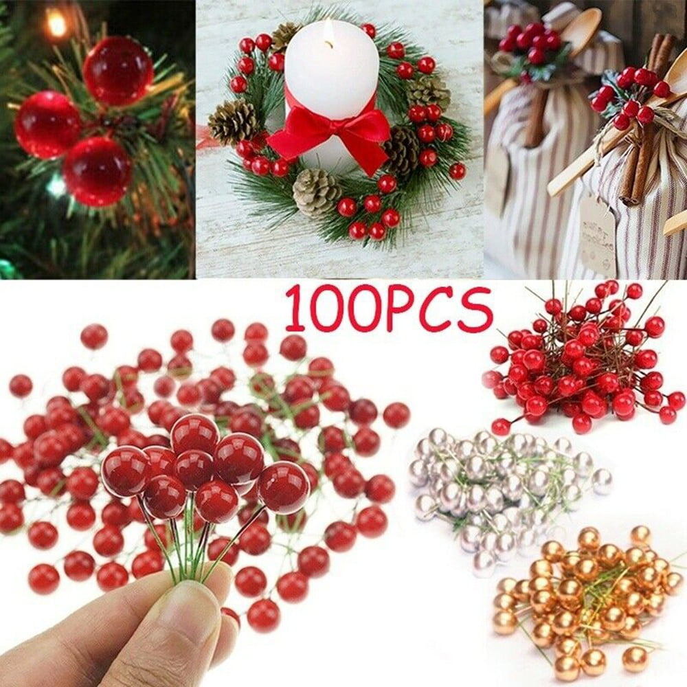 50/100pcs Red Berries Artificial Fruits Christmas Craft Holly Berry Pick Decor 
