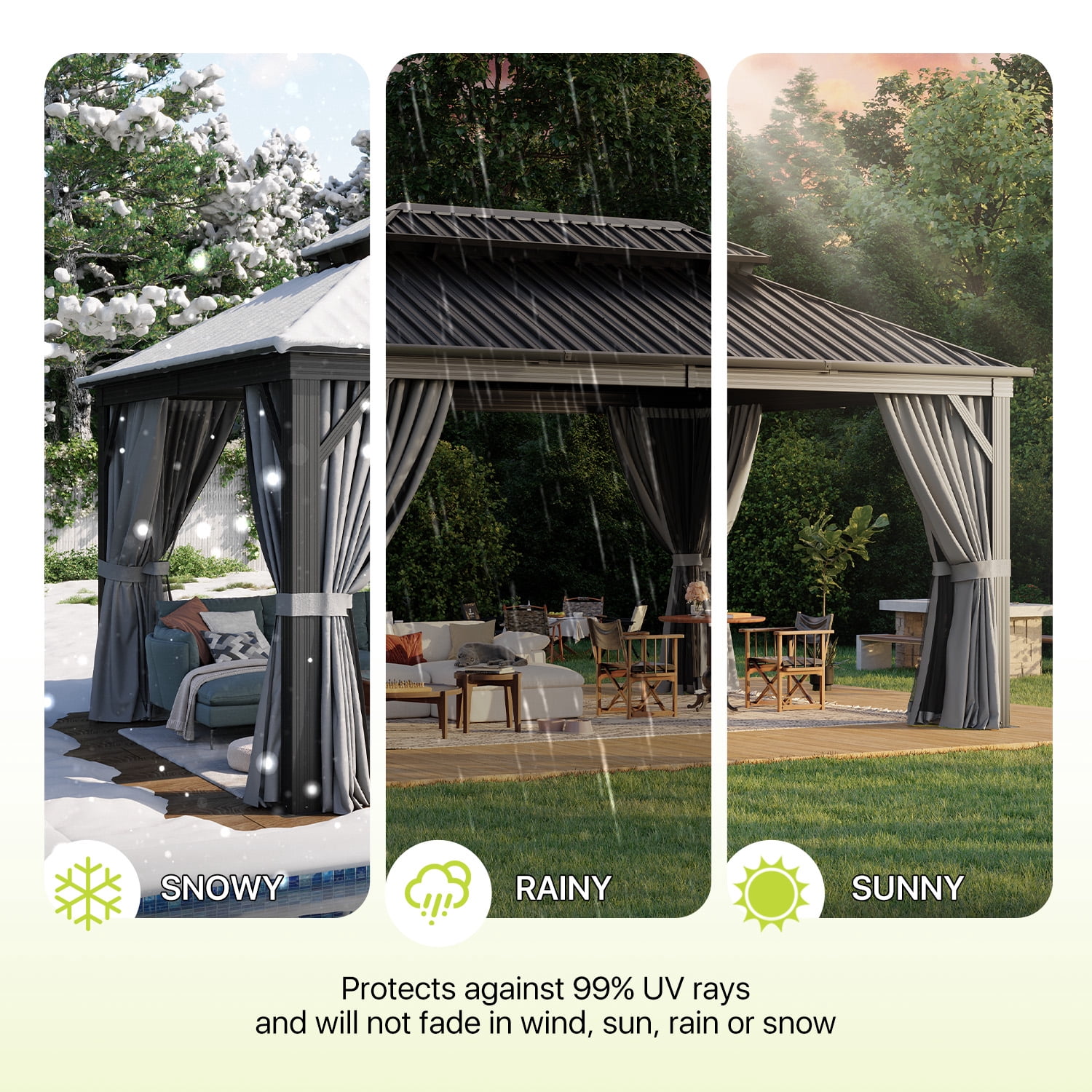 BaPiPro 12x16 FT Permanent Outdoor Gazebo – Aluminum Frame with Double Roof, Includes Curtains & Netting, Ideal for Patio, Lawn, and Garden,Gray