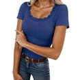thumbnail image 2 of Rhuody Summer Tops For Womens Solid Color Striped And Lace Patchwork Short Sleeved Square Neck T Shirt Leisure Wear Blue M, 2 of 4