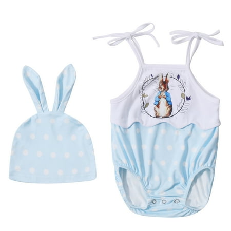 

2pcs Infant Baby Boys Girls Easter Cartoon Rabbit Lace-up Romper + Hat Suit