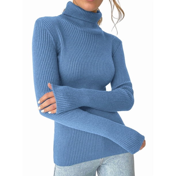 Suéteres Acanalados para Mujer, Lindos Suéteres de Punto de Cuello Alto, Ajustados y Cálidos Azul Mar un Tamaño