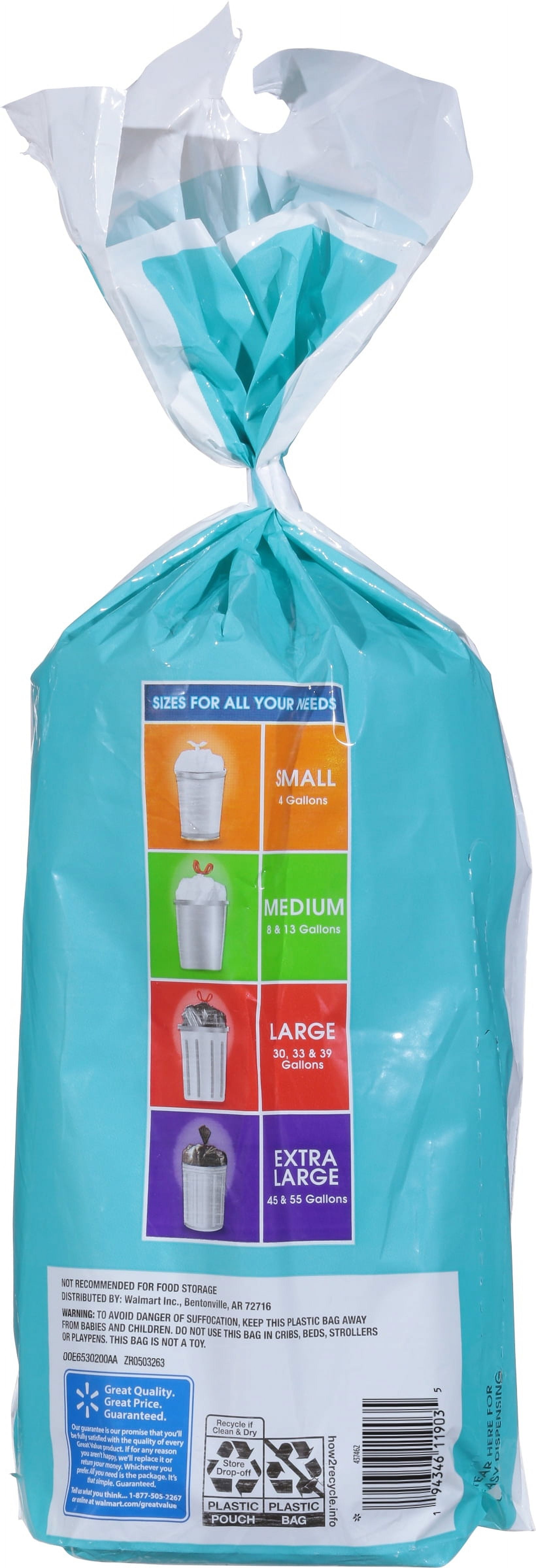 Great Value 45-Gallon Outdoor Twist Tie Bags, Unscented, 20 Bags