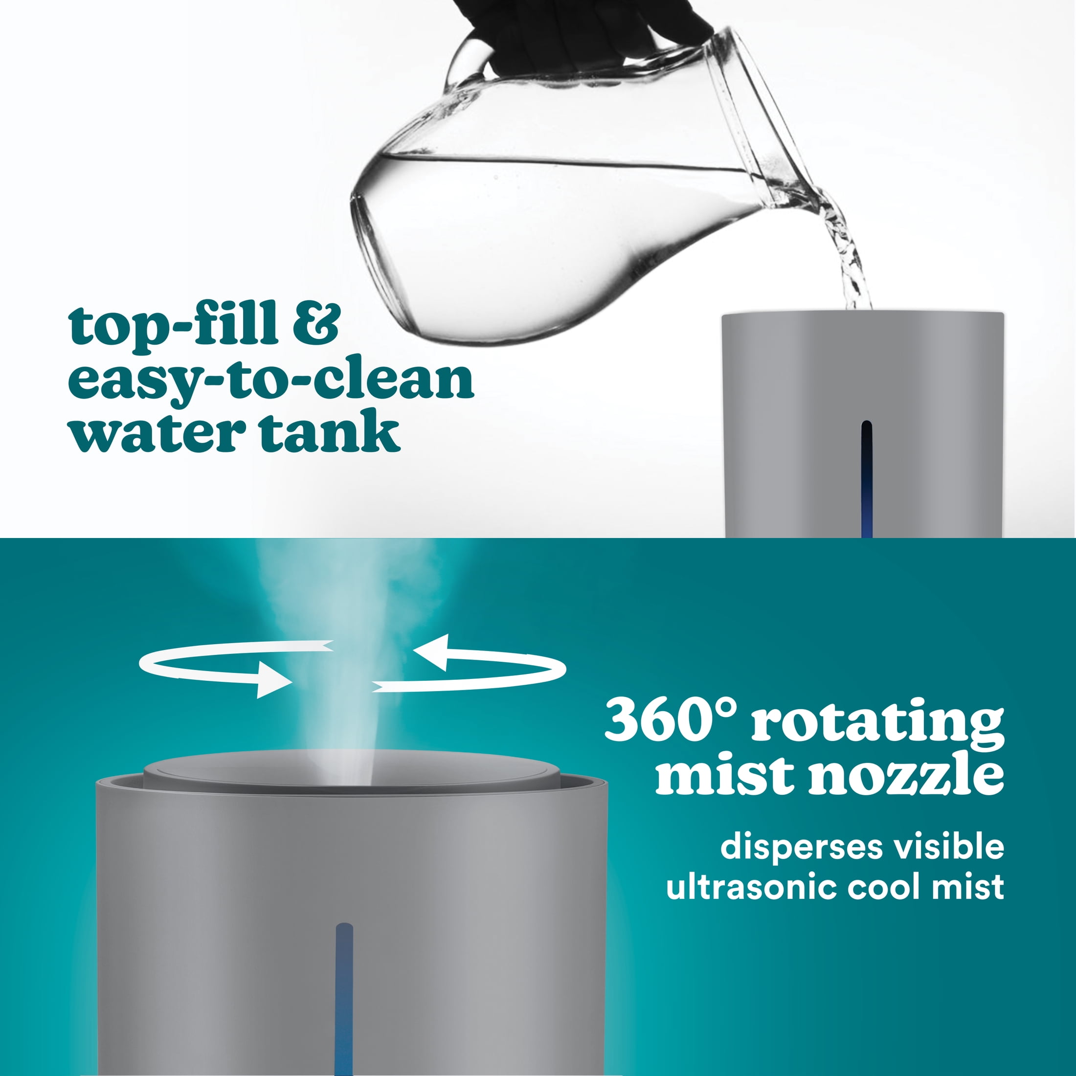 Homedics Ultrasonic Humidifier, Cool Mist, Easy Top Fill with up to 44 Hour Run Time, .96 Gallon, Gray
