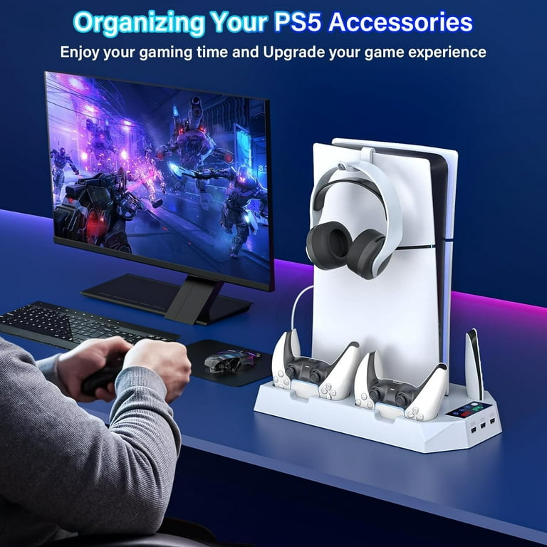 PS5 Slim Stand with Controller Charger, PS5 Slim Cooling Station,  Controller Charging Station, PS5 Accessories Stand for Playstation 5
