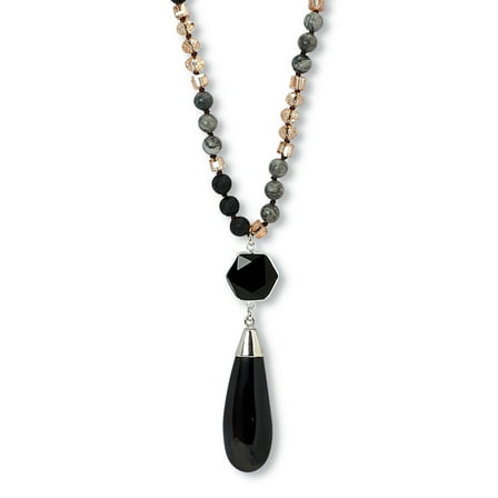 Genuine Black Agate Silvertone Drop Necklace 32-inch
