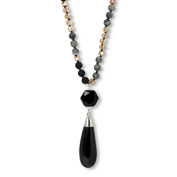 Genuine Black Agate Silvertone Drop Necklace 32-inch