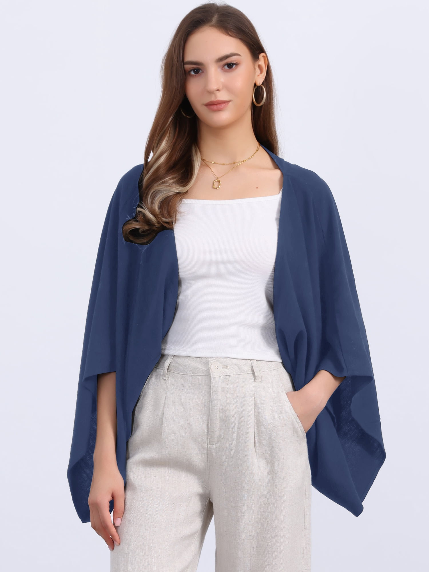DARING DIVA Women's Linen Cardigan 3/4 Sleeve Open Front Lightweight Shrug M Dark Blue
