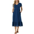 thumbnail image 2 of INSPIRE CHIC Women's Summer V Neck Short Sleeve with Pockets Contrast Trim A-Line Midi Dress M Blue, 2 of 6
