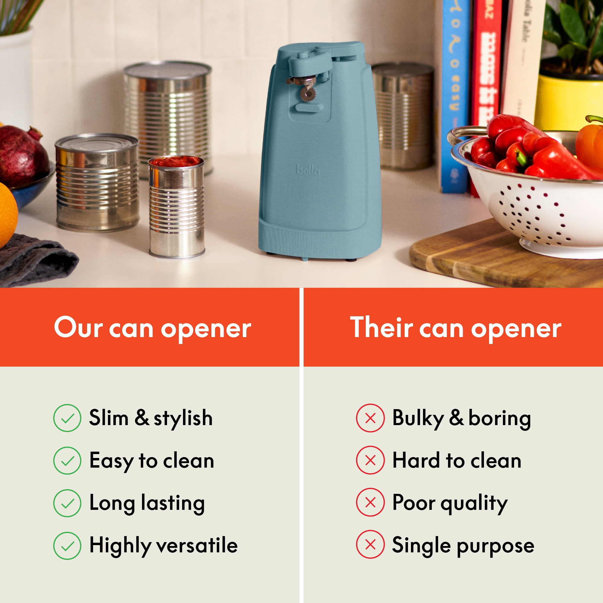 bella Electric Can Opener with Stainless Steel Cutting Blade and Cord Storage, Surf