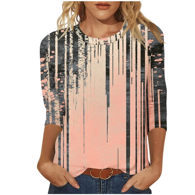 Staron Hauts en Liquidation pour Femmes Tendance Été Col Rond Manches 3/4 Hauts Imprimé Floral Basique T-Shirts Tunique Habillée