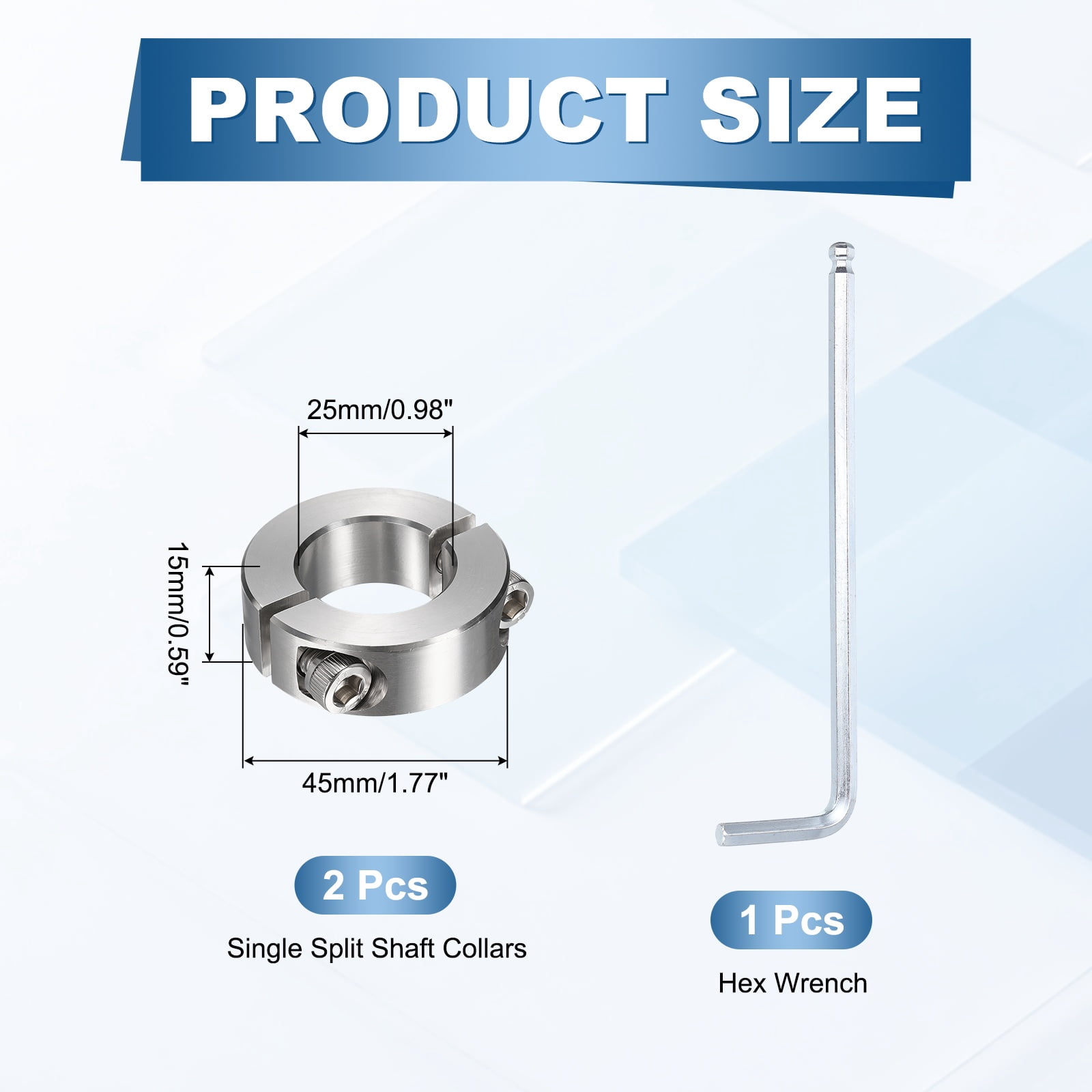 Uxcell 2Pcs Double Split Shaft Collars, 25mm Bore 304 Stainless Steel One-Piece Clamping Collar 45mm OD 15mm Thick Locking Clamp with Set Screw for Industry Machine Tools, Silver