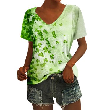 Vente de Liquidation!! T-Shirt de la Saint-Patrick pour Femmes Manches Courtes Trèfle Vert Hauts Col en V Pull Saint Patricks Imprimé Trèfle Bronze + TTG