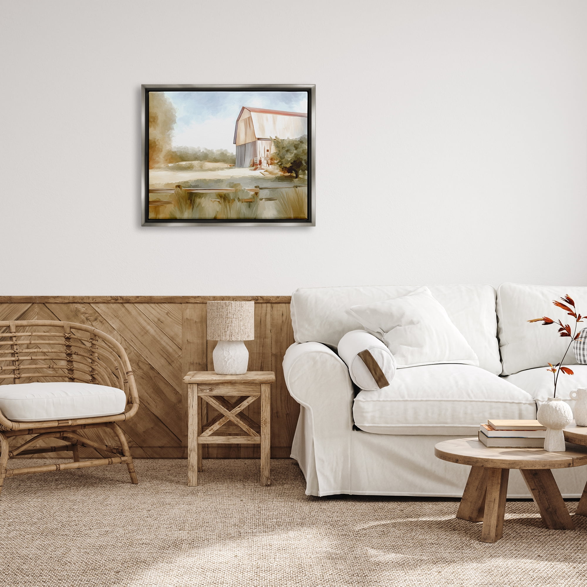 Stupell Industries Barn in Rural Farmland Nature Painting Gray Floater Framed Art Print Wall Art, 31 x 25