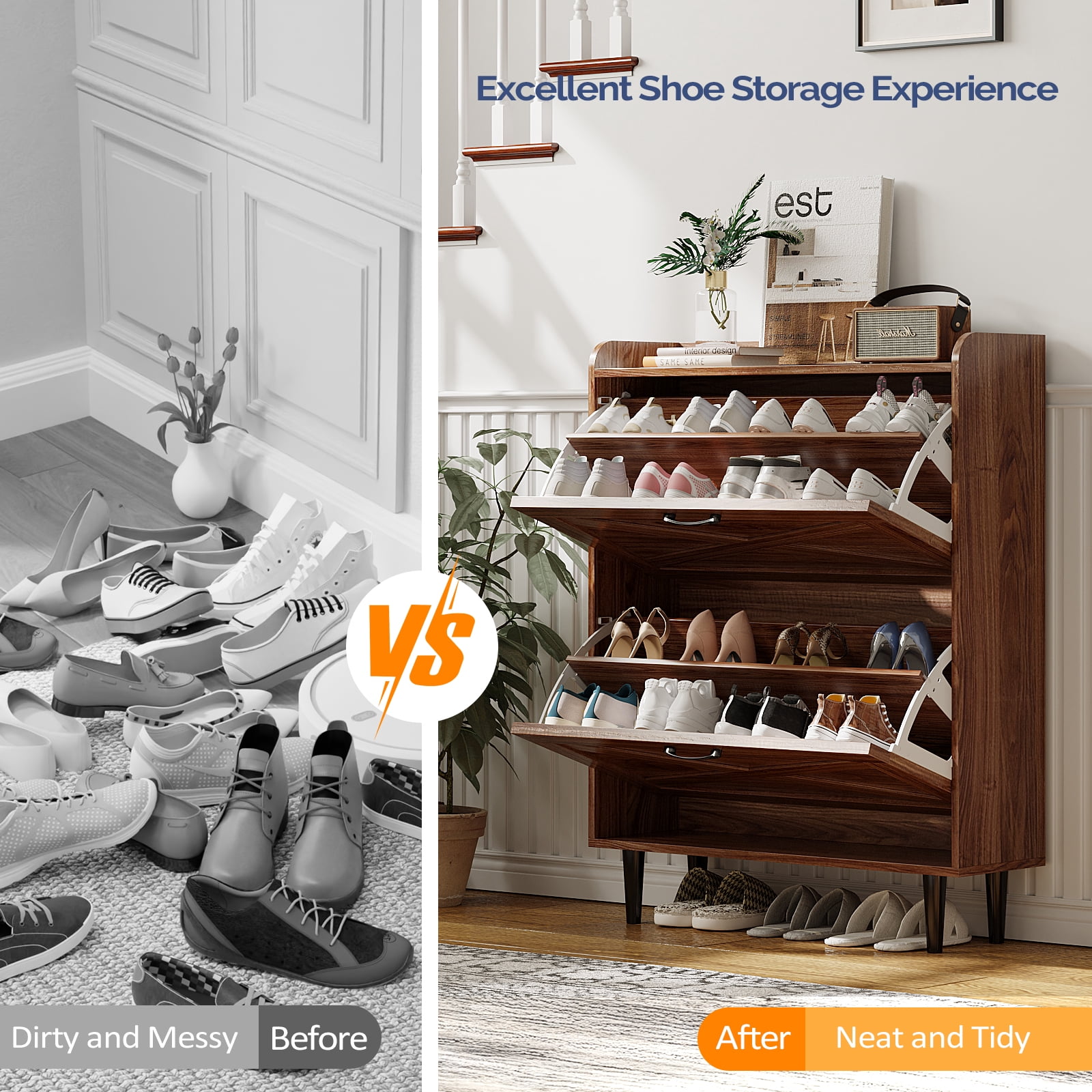 2-Drawer Top Enclosure Barn Door Shoe Cabinet Melamine Board Embossed MDF Shoe Cabinet, 31.61*9.45*39.37in, Walnut
