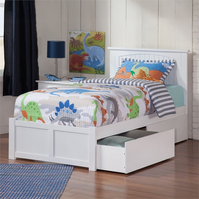 Nantucket Lit Plateforme en Bois Simple TG avec Pied de Lit et Tiroirs de Rangement, Blanc
