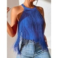 thumbnail image 4 of Women Fringe Sleeveless Boho Tank Top Casual Tassel Halter Cami Tops Solid Slim Fit Asymmetrical Hem Vest Shirt Rave Party Musical Festival Shirts Blouse, 4 of 6
