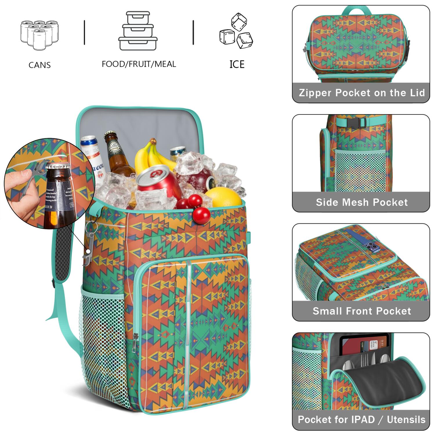 Travel Cooler Bag - Boho Bohemia Pioneer Flower Geometric Line Art Camping Beer Cooler Backpack with Bottle Opener- Waterproof Insulated Picnic Backpacks - Cooler Bag for Beach