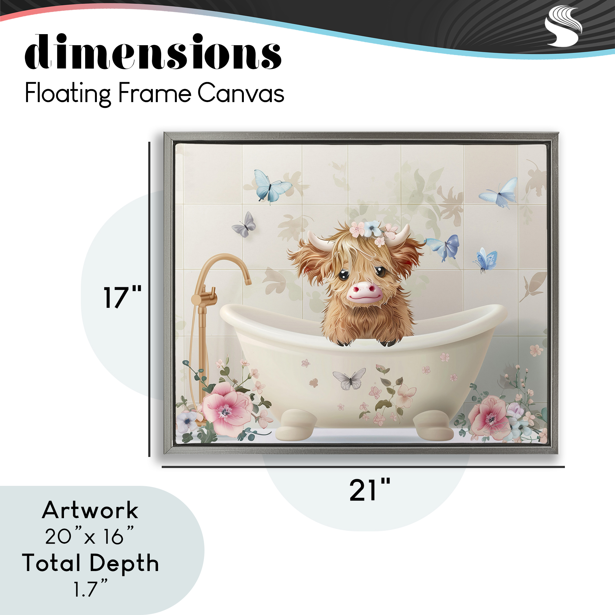 Baby Cattle in Floral Tub Gray Framed Floater Canvas Wall Art, design by Shawna Stewart