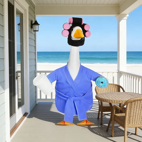 23 inch Large Porch Goose Bathrobe Outfit Set,Coffee Cup & Curling Iron Accessory Decor, Cute Costume for Garden Statue, Patio, Yard & Outdoor Courtyard Landscape Decor