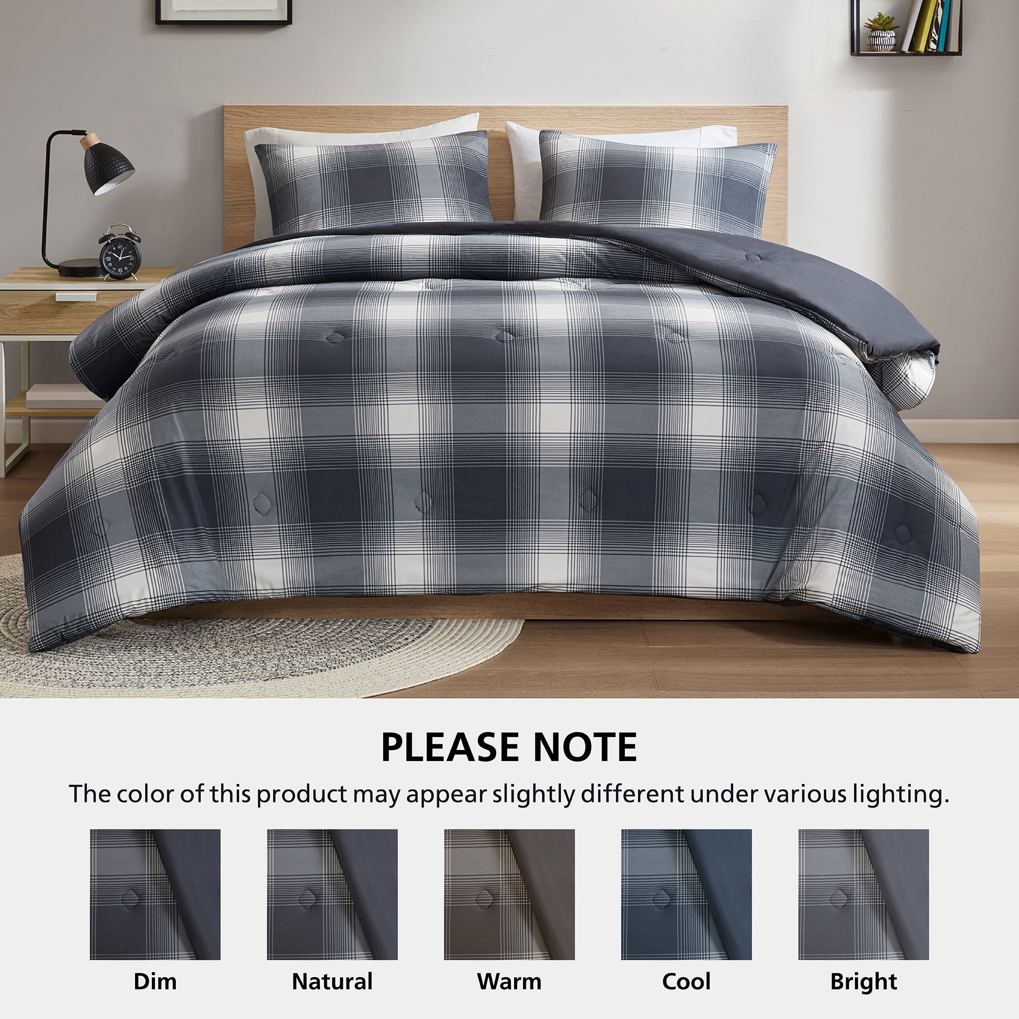 Mainstays Shadow Plaid 3-Piece Grey Comforter Set, King