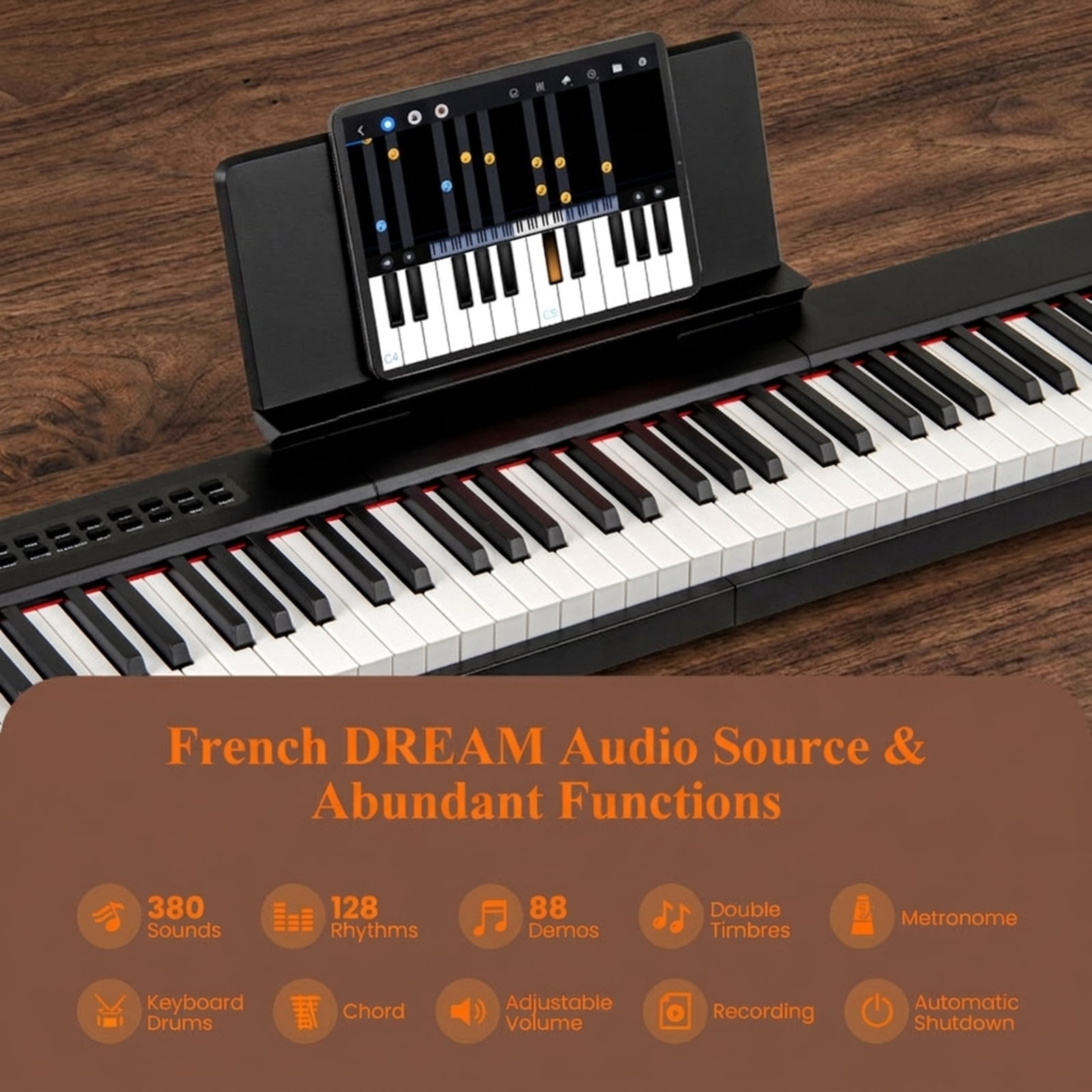 Redsmile 88-Key Velocity-Sensitive Digital Piano with Dual Keyboard, Recording and Black Wood-Texture Cabinet, Black