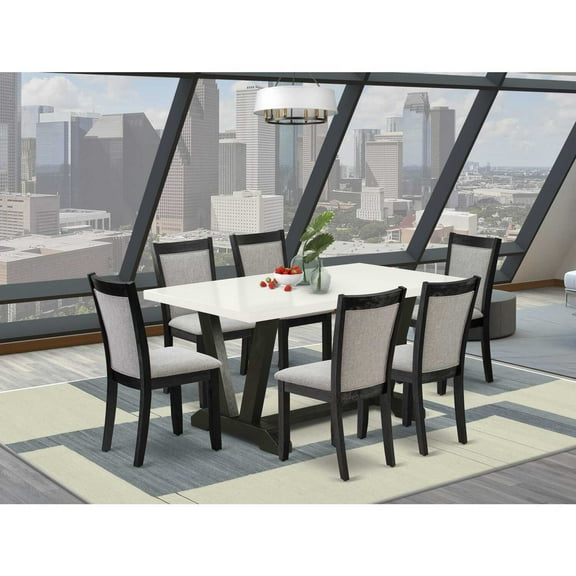 Modern 7 Piece Dining Set - Linen White Table & 6 Shitake Chairs - Wood Dining Room Set