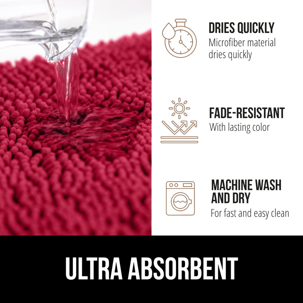 GORILLA GRIP Chenille Bath Rug 30x20, Rubber Backing Quick Dry Washable Microfiber Mats, Red