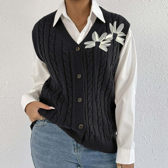 Heisall Womens Vests Spring Fall Casual Layered Cable Knit Sweater Vest with 3D Floral Applique Tops
