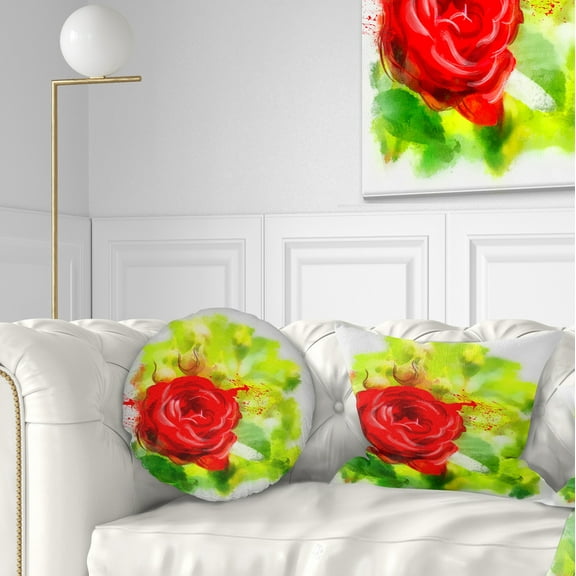 Designart Bright Red Rose on Light Green - Floral Throw Pillow - 12x20