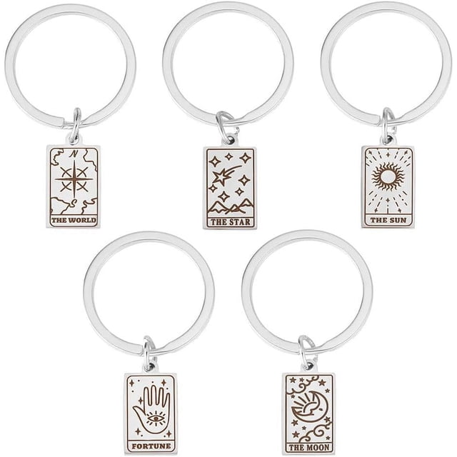 5 llaveros rectangulares de 5 estilos, llaveros de tarot, llaveros colgantes de acero inoxidable 316, llaveros rectangulares de metal, llaveros