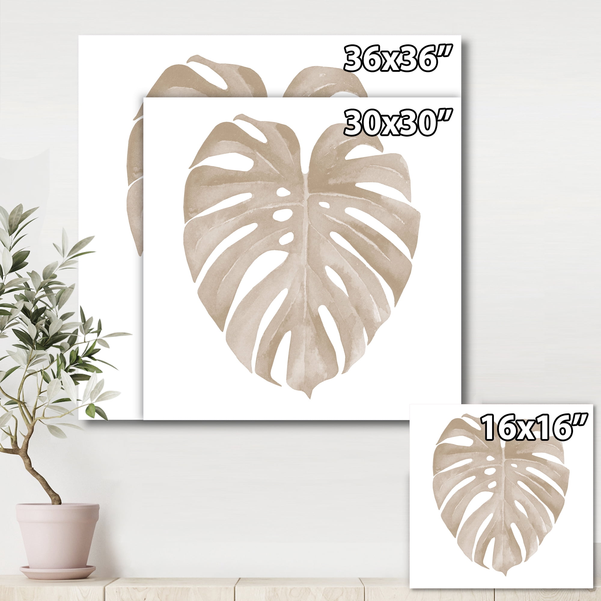 Designart ' Beige Ivory Pastel Monstera Heart Shaped Tropical Leaf ' Traditional Canvas Wall Art Print