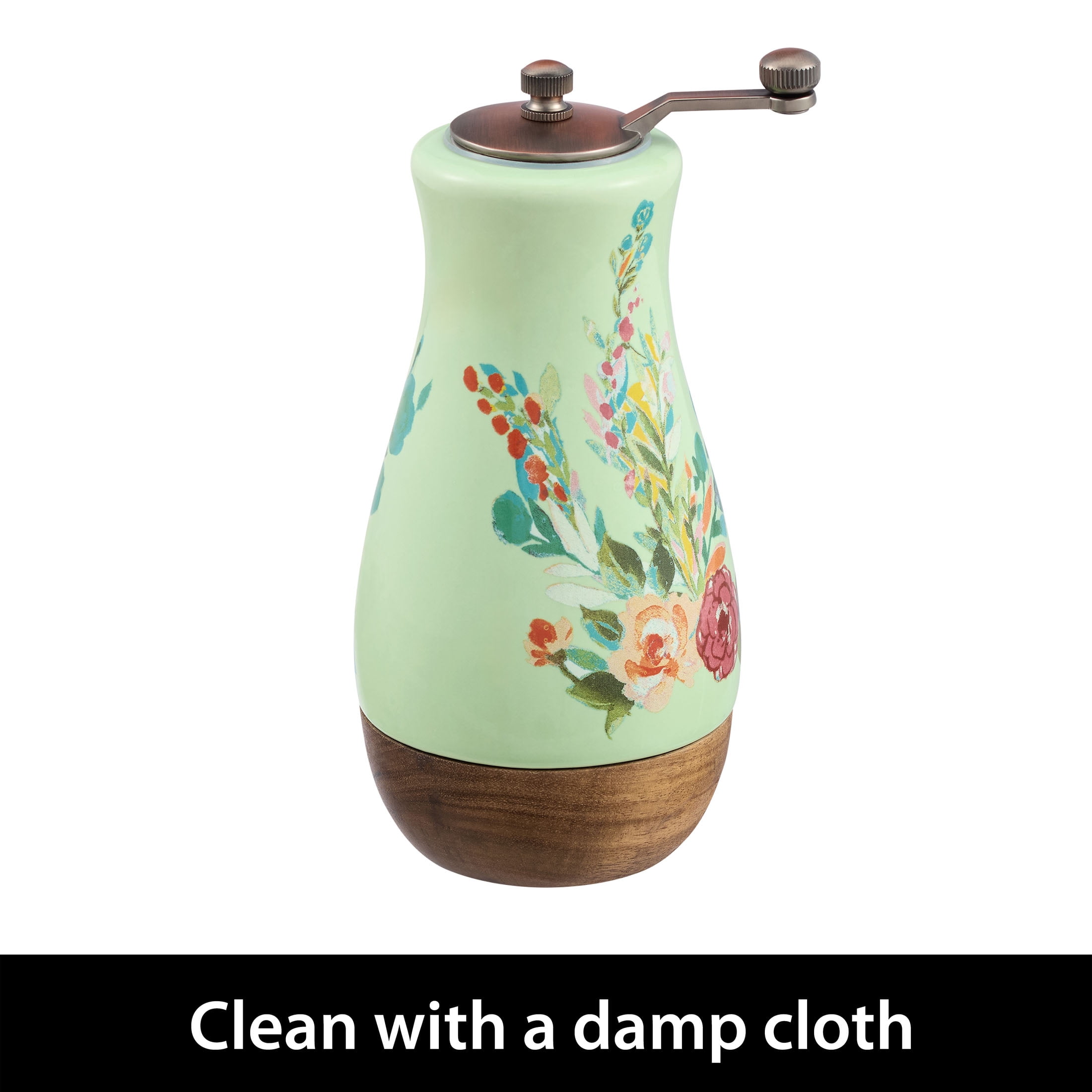 (2 pack) The Pioneer Woman Ceramic Painted Meadow Pepper Mill with Metal Grinder and Acacia Wood Base, A Practical Choice for Seasoning Storage and Serving