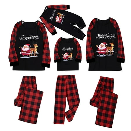 

Matching Christmas Family Pajamas Sets Parent-Child Outfit Baby Xmas Elk Reindeer Santa Claus Print Pjs Classic Red Plaid Long Sleeve Tops and Pants Holiday Sleepwear