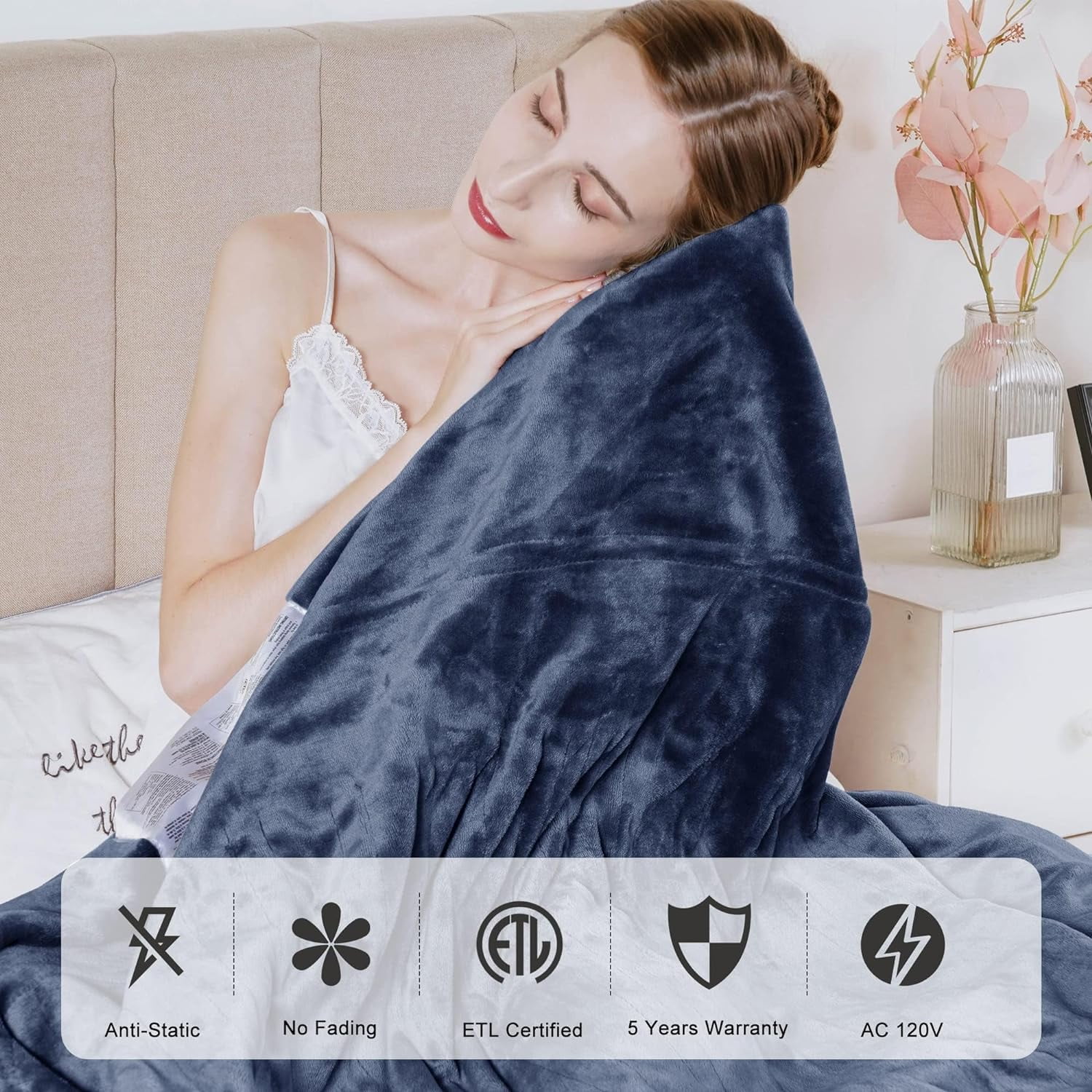 Mayincolor Electric Heated Blanket, 84" x 62" Twin Size Electric Blanket with 10 Heating Levels and 12 Hours Auto-Off, Soft Flannel Blanket with ETL Certification,Blue