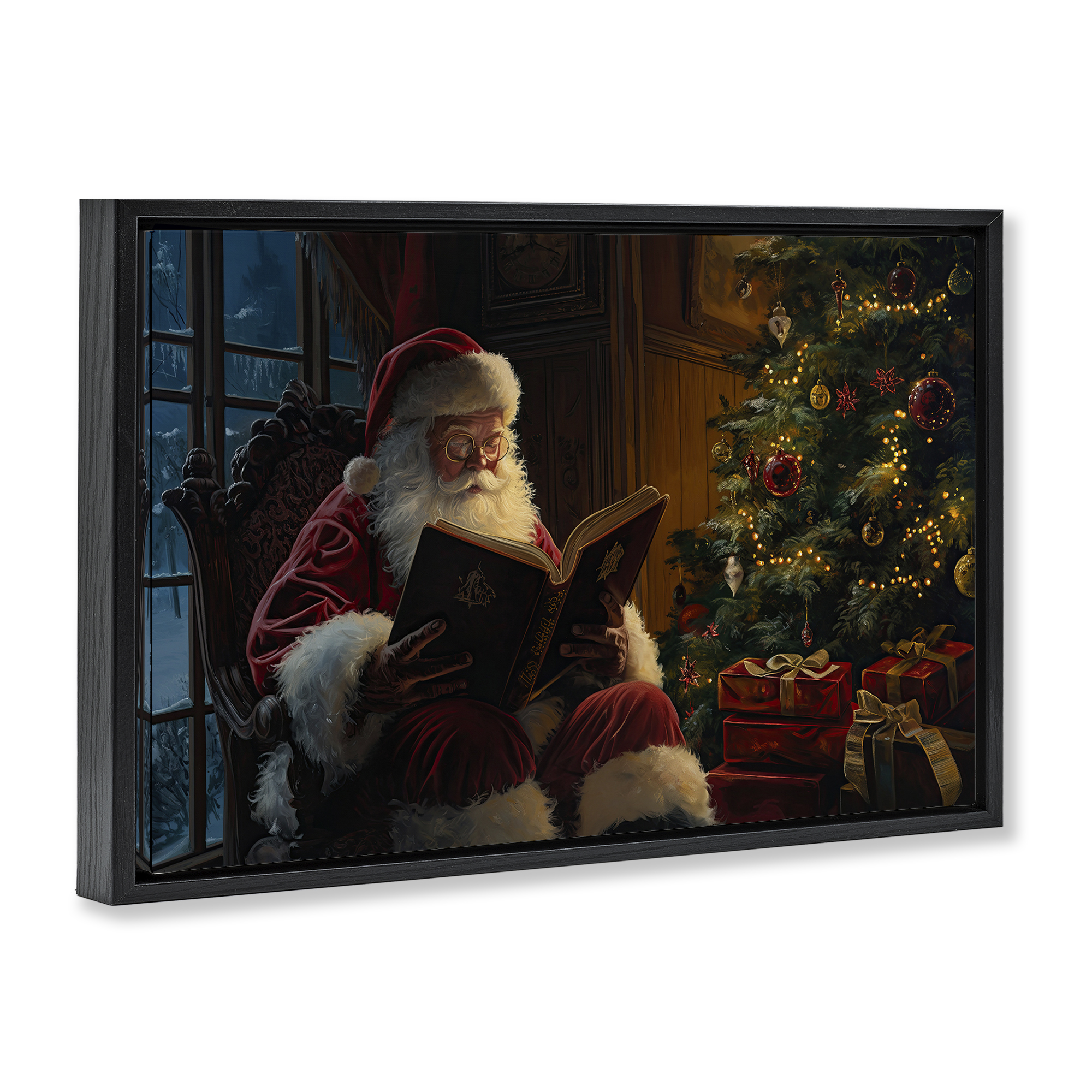 Stupell Industries Santa Reading by Tree Holiday Painting Black Floater Framed Canvas Art Prints Wall Art, 25 x 17