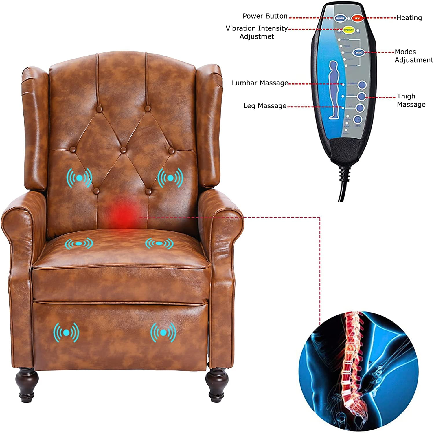 Wingback Recliner Chair, Push Back Arm Chair with Heat and Massage, PU Leather Single Sofa for Home, Living Room, Office, Bedroom