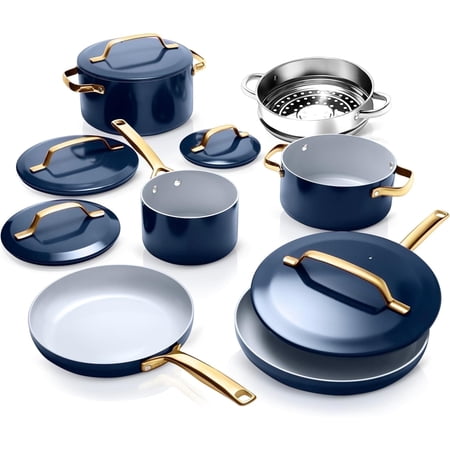 Gotham Steel Modern 11 Pc Ceramic Pots and Pans Set Non Stick, Kitchen Cookware Sets, Non Stick Pots and Pan Set, Ceramic Cookware Set, Pot and Pan Set, Non Toxic Cookware Set, Dishwasher Safe, Navy