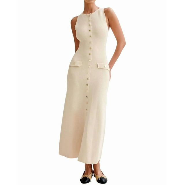 Robe Maxi d'Été Sans Manches à Simple Boutonnage en Tricot pour Femmes, Fendue, Col Rond, Longue Robe Moulante